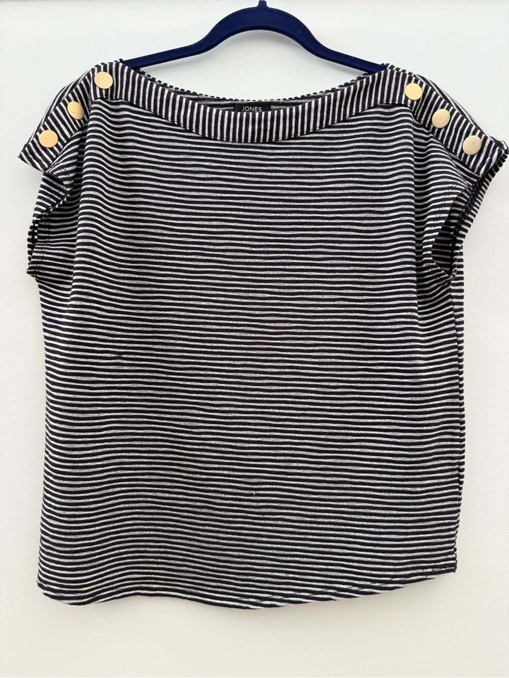 Jones New York Black and White Striped Boatneck Top with Gold Buttons